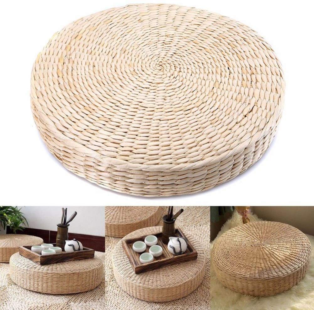 GOTOTOP Tatami Cushion Straw Seat Cushion Pad Handmade Straw 15.4inch Dia Woven Straw Flat Seat Pillow for Yoga Soft Round Pouf Tatami Knitted Floor Mat Garden Dining Room Home Decor Outdoor