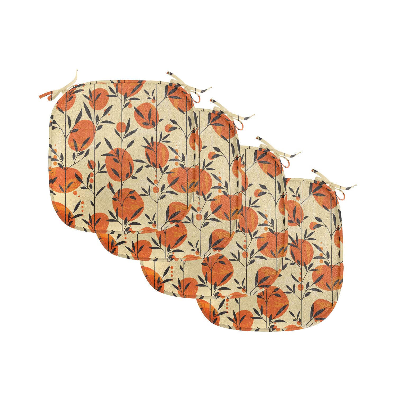 Lunarable Nature Chair Seating Cushion Set of 4, Floral Flower Ivy with Leaves Botanical Forest Trees and Circled Backdrop, Anti-Slip Seat Padding for Kitchen & Patio, 16"x16", Orange Black Cream