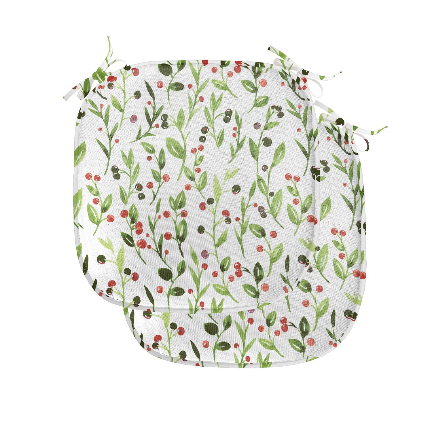 Lunarable Floral Chair Seating Cushion Set of 2, Watercolor Cherry Bloom Branches Leaf Field Fruit Print, Anti-Slip Seat Padding for Kitchen & Patio, 16"x16", Lime and Fern Green Red