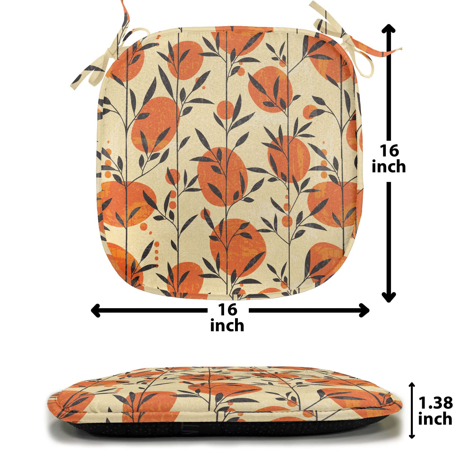 Lunarable Nature Chair Seating Cushion Set of 4, Floral Flower Ivy with Leaves Botanical Forest Trees and Circled Backdrop, Anti-Slip Seat Padding for Kitchen & Patio, 16"x16", Orange Black Cream