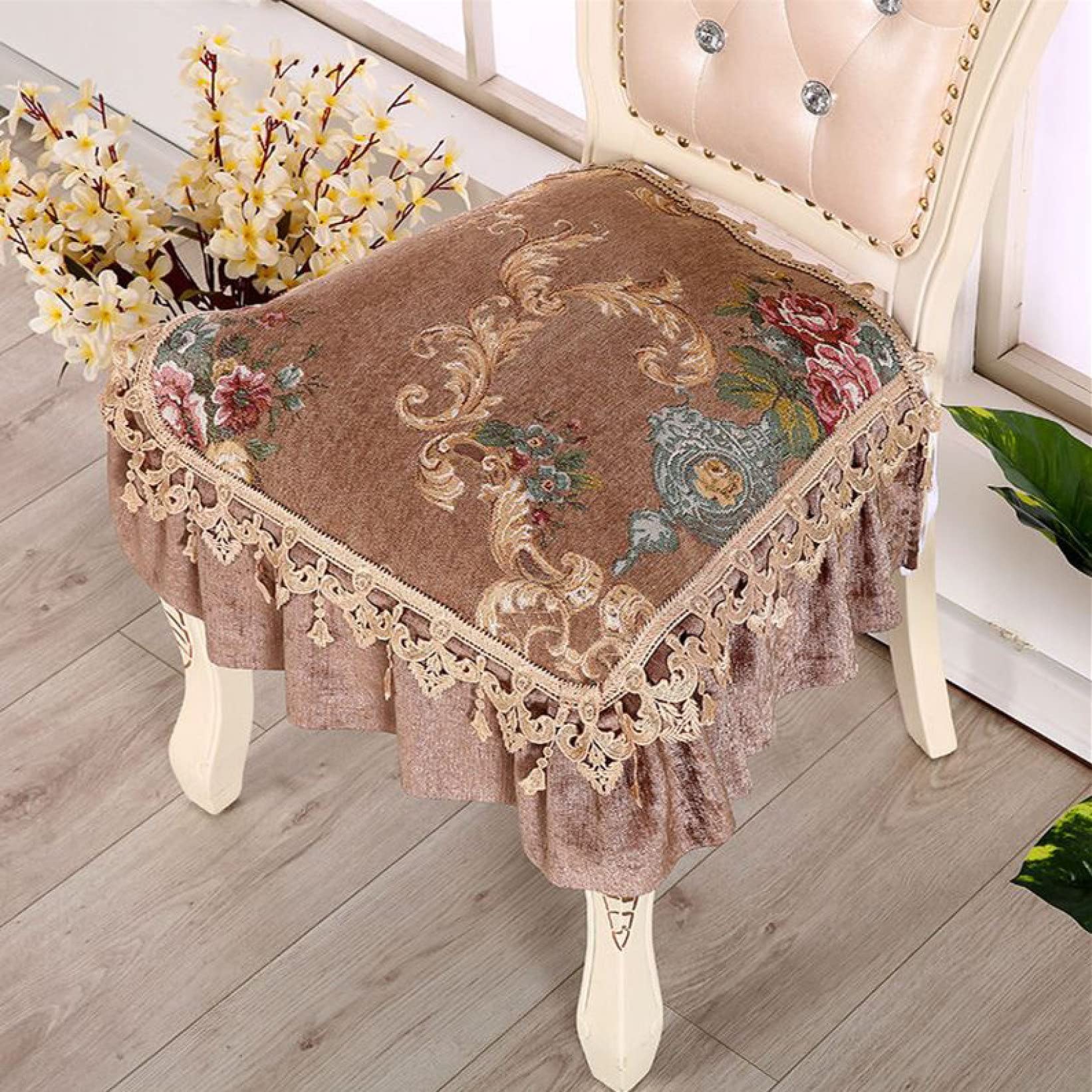 GEORPE Seat Cushion European Style Dining Chair Luxury Anti-Slip Fabric Cushions Mat Household Buttocks Pad with Bandage, 18.9x19.7inch/48x50cm