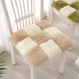 vctops soft square chair pad with ties plaid faux fur seat cushion with removeable cover long plush indoor dining chairs cushion (camel b, 18"x18")