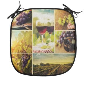 Lunarable Rustic Chair Cushion Pads Set of 4, Rustic Style Collage of Wine Glass Grapes and Vineyard Qualified Harvest Village, Anti-Slip Seat Padding for Kitchen & Patio, 16"x16", Green Red