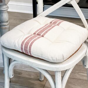 piper classics market place red grain sack stripe chair pad, 16" x 16", farmhouse décor seat cushion, cream & red