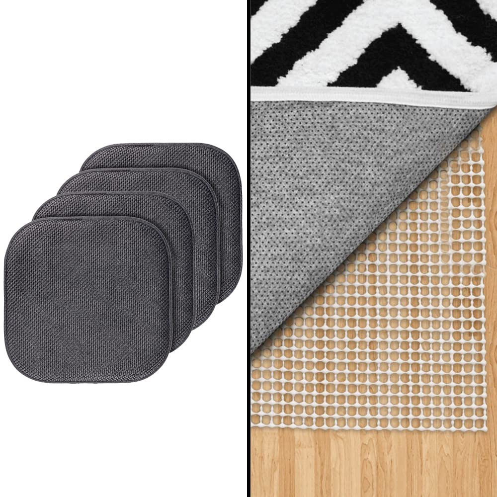 Gorilla Grip Memory Foam Chair Cushions and Rug Pad Gripper, Chair Pads Set of 4 Size 16x16 in Gray, Machine Washable, Rug Pad Size 2x3, Slip and Skid Resistant, 2 Item Bundle