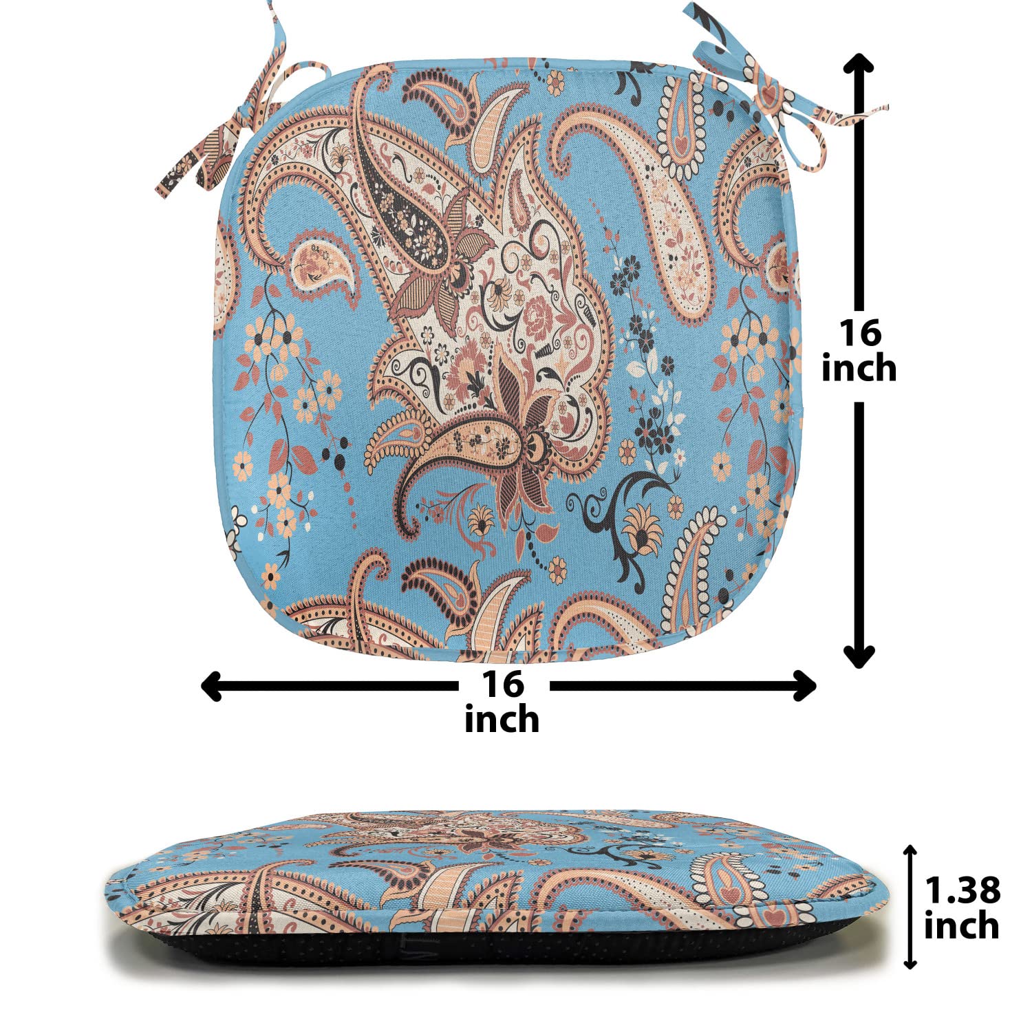 Lunarable Paisley Chair Seating Cushion Set of 6, Abstract Persian Paisley Design Floral Elements Vivid Color Palette Oriental, Anti-Slip Seat Padding for Kitchen & Patio, 16"x16", Blue Black Tan