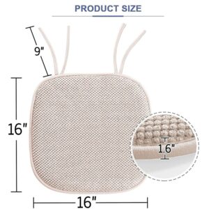 Chair Cushions for Dining Chairs 6 Pack, Office Chairs Cushions for Sofa Dining Room Decor, Car Seat Driver, Memory Foam Pads with Ties Slip Non-Skid Rubber Back Rounded Square 16" x 16" (Beige)