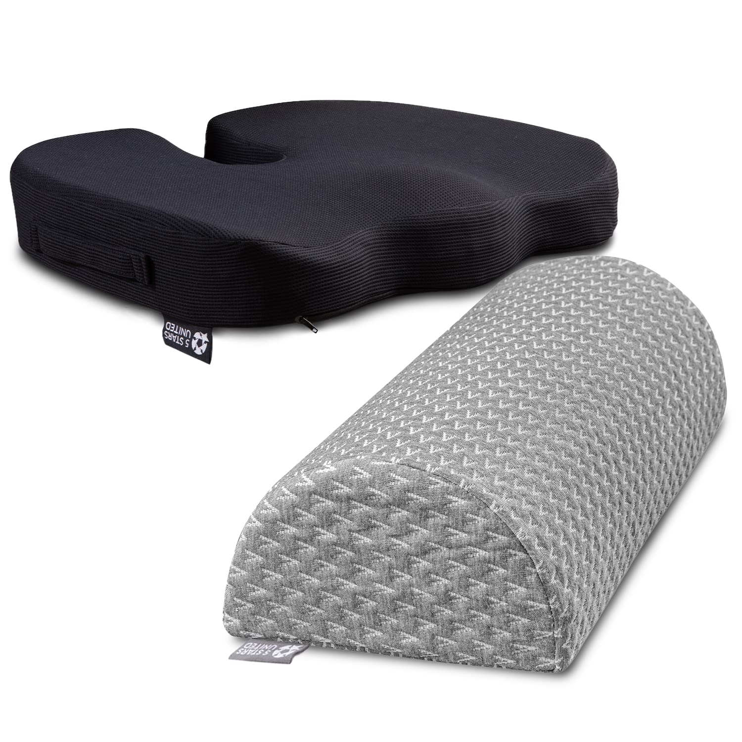 5 STARS UNITED Half Moon Bolster Semi-Roll Pillow, Grey and Seat Cushion Pillow for Office Chair