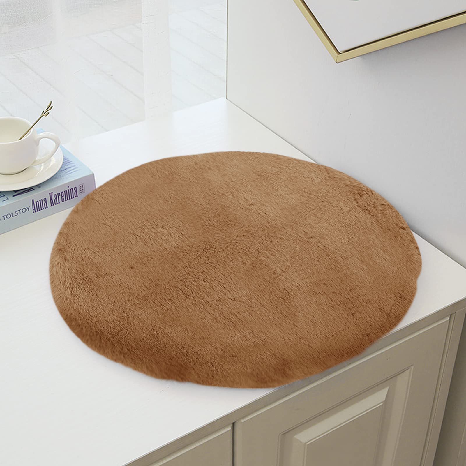 GREUS Soft Furry Dining Chair Pad, 18 Inch Round Thick Cozy Faux Rabbit Fur Bar Stool Chair Cover Floor Seat Cushion Non-Slip Rubber Comfy Chair Saddle Seat Cushion Mat for Home Office School Kitchen