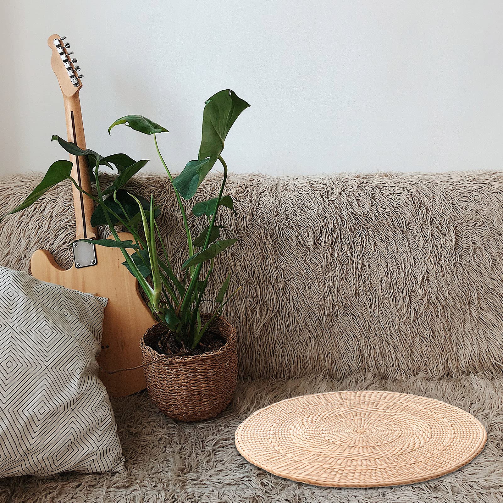 Ohstgp Tatami Floor Pillow Sitting Cushion, Thin Round Pouf Floor Seat Cushion, Natural Woven Grass Cushion Floor Cushions for Garden Dining Room Home Decor …