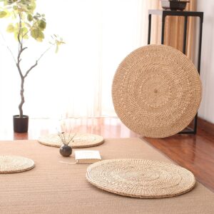 Ohstgp Tatami Floor Pillow Sitting Cushion, Thin Round Pouf Floor Seat Cushion, Natural Woven Grass Cushion Floor Cushions for Garden Dining Room Home Decor …