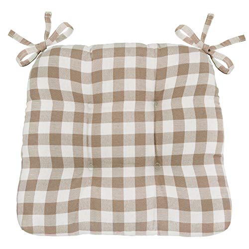 GoodGram Gingham Plaid Buffalo Checkered Premium Plush Country Farmhouse Chair Cushion Pads with Tear Proof Ties - Assorted Colors (8, Linen)