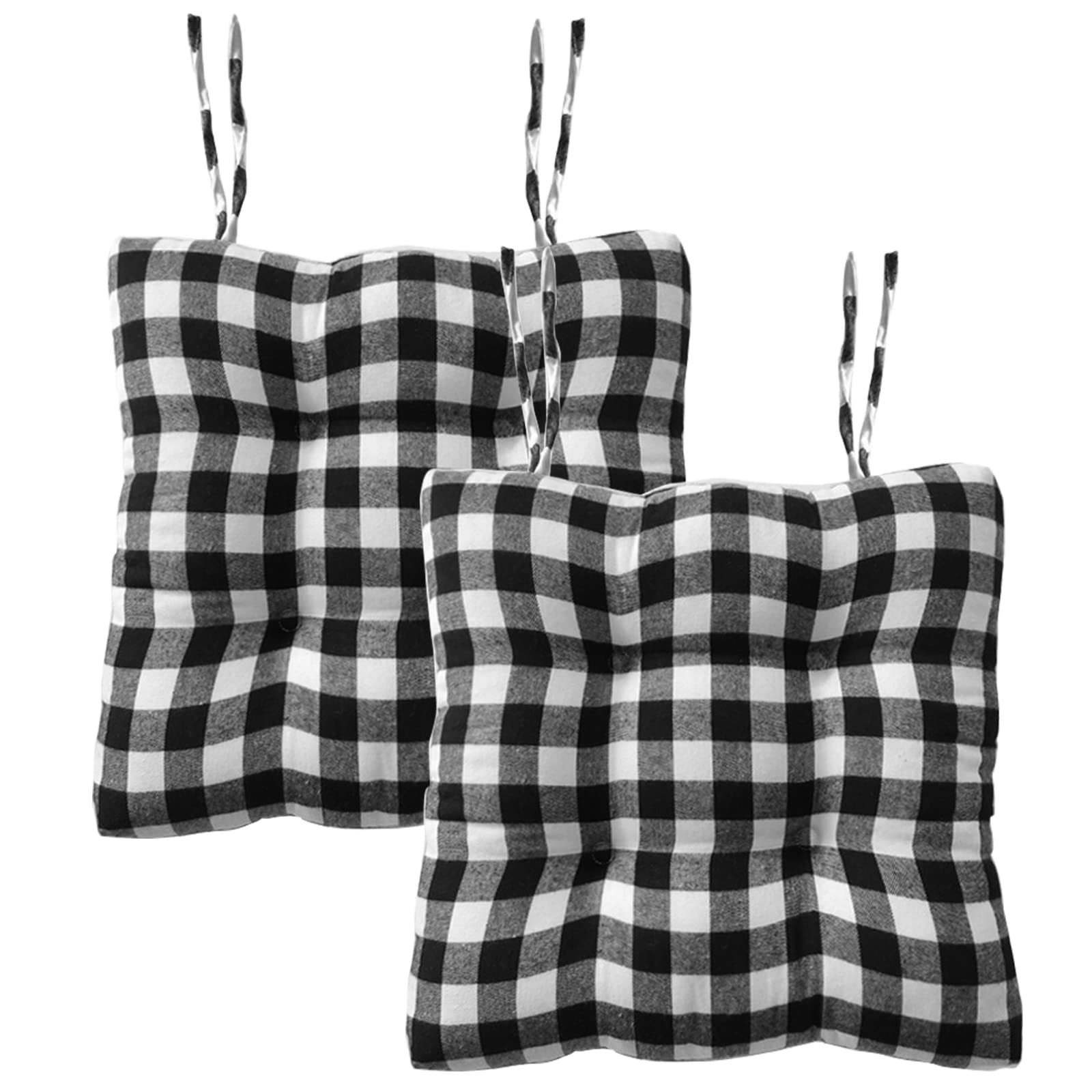 JeogYong Kitchen Chair Cushions with Ties, Set of 2 Farmhouse Buffalo-Check Chair Pads/Seat Cushions for Kitchen & Dining Room Chairs, Country Design Black & White Buffalo-Plaid Christmas Decorations