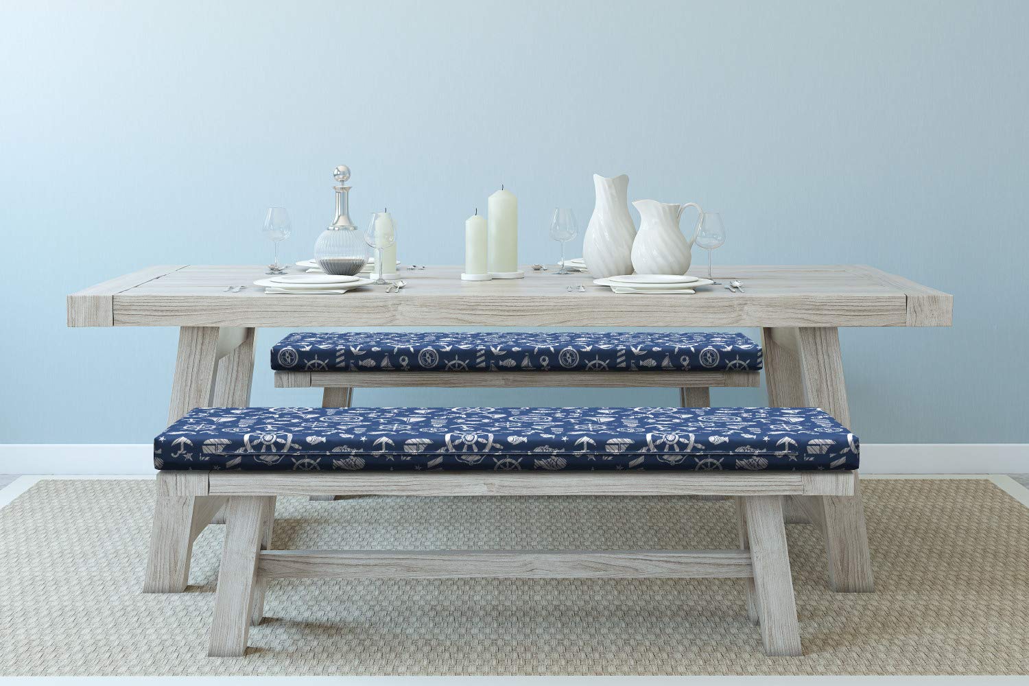 Ambesonne Sailboat Bench Cushion Set of 2, Diagonal Hatched Nautical Elements Ship's Wheel Anchor and Marine Animals, Standard Size Foam Pad and Decorative Cover, 45" x 15" x 2", White Blue