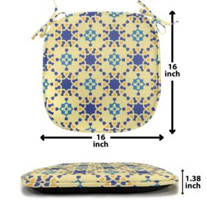 Ambesonne Ethnic Chair Seating Cushion Set of 8, Moroccan Ceramic Motif with Persian Folk Effects Antique Design, Anti-Slip Seat Padding for Kitchen & Patio, 16"x16", Violet Blue Yellow