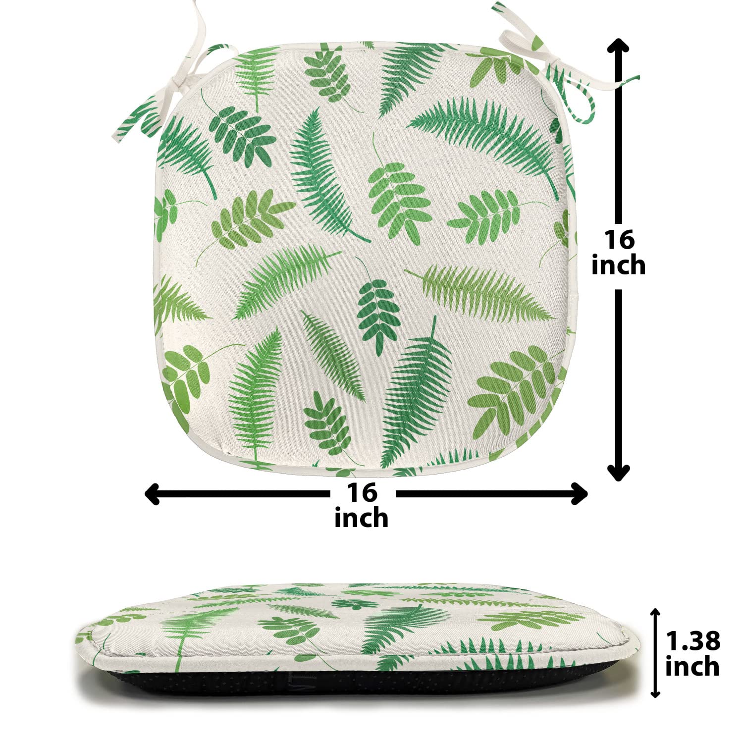 Lunarable Fern Pattern Chair Seating Cushion Set of 4, Nature Botanical Design Art Image Various Style Fronds Illustration, Anti-Slip Seat Padding for Kitchen & Patio, 16"x16", Ivory and Lime Green