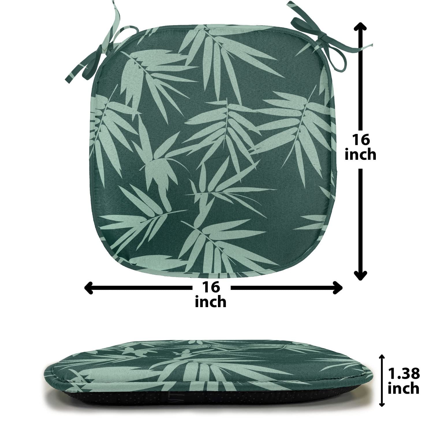 Lunarable Green Oriental Chair Seating Cushion Set of 2, Garden Art Scattered Silhouettes of Leaf Ornament Nature Themed, Anti-Slip Seat Padding for Kitchen & Patio, 16"x16", Almond Green and Green