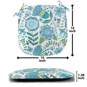 Ambesonne Blue and Green Chair Seating Cushion Set of 6, Doodle Illustration of Nature Flower Butterflies and Dragonflies, Anti-Slip Seat Padding for Kitchen & Patio, 16"x16", Blue Apple Green White