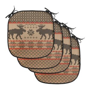lunarable cabin chair cushion pads set of 4, knitted swatch deers and snowflakes classical country plaid digital, anti-slip seat padding for kitchen & patio, 16"x16", brown vermilion ivory