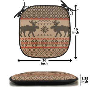 Lunarable Cabin Chair Cushion Pads Set of 4, Knitted Swatch Deers and Snowflakes Classical Country Plaid Digital, Anti-Slip Seat Padding for Kitchen & Patio, 16"x16", Brown Vermilion Ivory