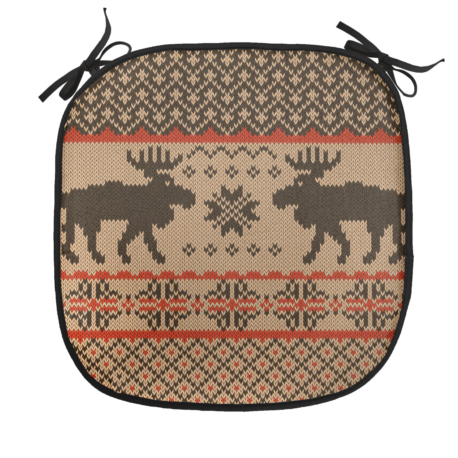 Lunarable Cabin Chair Cushion Pads Set of 4, Knitted Swatch Deers and Snowflakes Classical Country Plaid Digital, Anti-Slip Seat Padding for Kitchen & Patio, 16"x16", Brown Vermilion Ivory