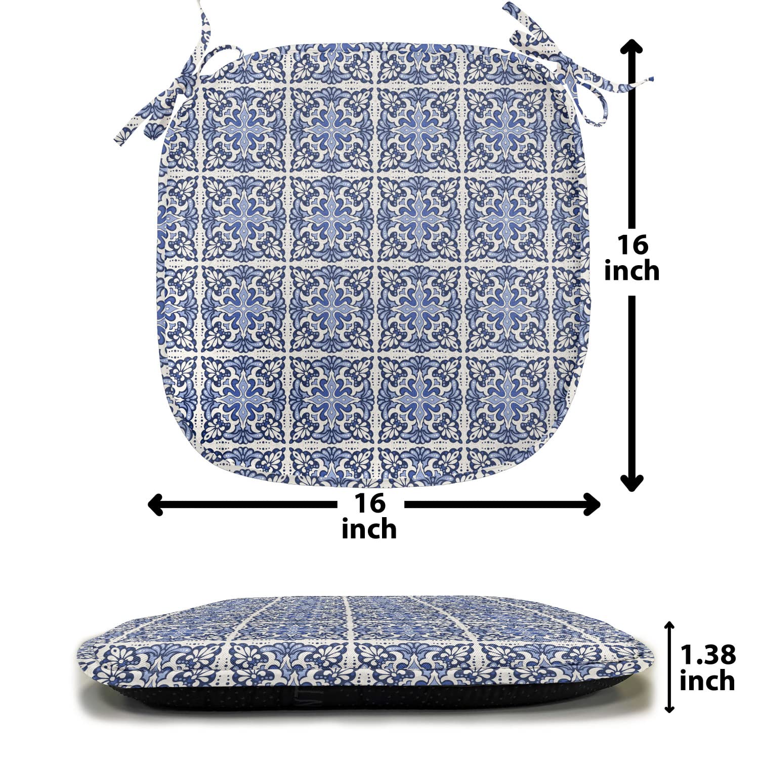 Lunarable Azulejo Chair Seating Cushion Set of 4, Ethnic Portuguese Ceramic Tiles Like Mosaic Motifs Traditional Design, Anti-Slip Seat Padding for Kitchen & Patio, 16"x16", Ivory and Lavender Blue