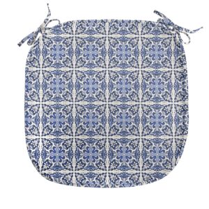 Lunarable Azulejo Chair Seating Cushion Set of 4, Ethnic Portuguese Ceramic Tiles Like Mosaic Motifs Traditional Design, Anti-Slip Seat Padding for Kitchen & Patio, 16"x16", Ivory and Lavender Blue