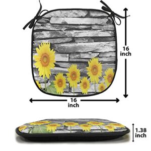 Lunarable Brick Wall Chair Cushion Pads Set of 4, Sunflowers Leafs on Stone Wall Background Floral Urban Style Print, Anti-Slip Seat Padding for Kitchen & Patio, 16"x16", Yellow Green Grey