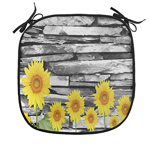 Lunarable Brick Wall Chair Cushion Pads Set of 4, Sunflowers Leafs on Stone Wall Background Floral Urban Style Print, Anti-Slip Seat Padding for Kitchen & Patio, 16"x16", Yellow Green Grey