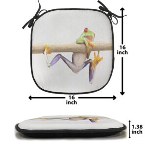 Lunarable Animal Chair Cushion Pads Set of 2, Funny Red Eyed Frog Hanging on The Tree Branch Wild Life Nature Animal Art, Anti-Slip Seat Padding for Kitchen & Patio, 16"x16", Cream Purple Green