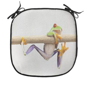 Lunarable Animal Chair Cushion Pads Set of 2, Funny Red Eyed Frog Hanging on The Tree Branch Wild Life Nature Animal Art, Anti-Slip Seat Padding for Kitchen & Patio, 16"x16", Cream Purple Green
