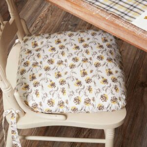 piper classics morning meadow floral chair pad w/ties, 16" l x 16" w mustard and yellow printed flowers on an off white quilt, farmhouse, country cottage, vintage boho seat cushion