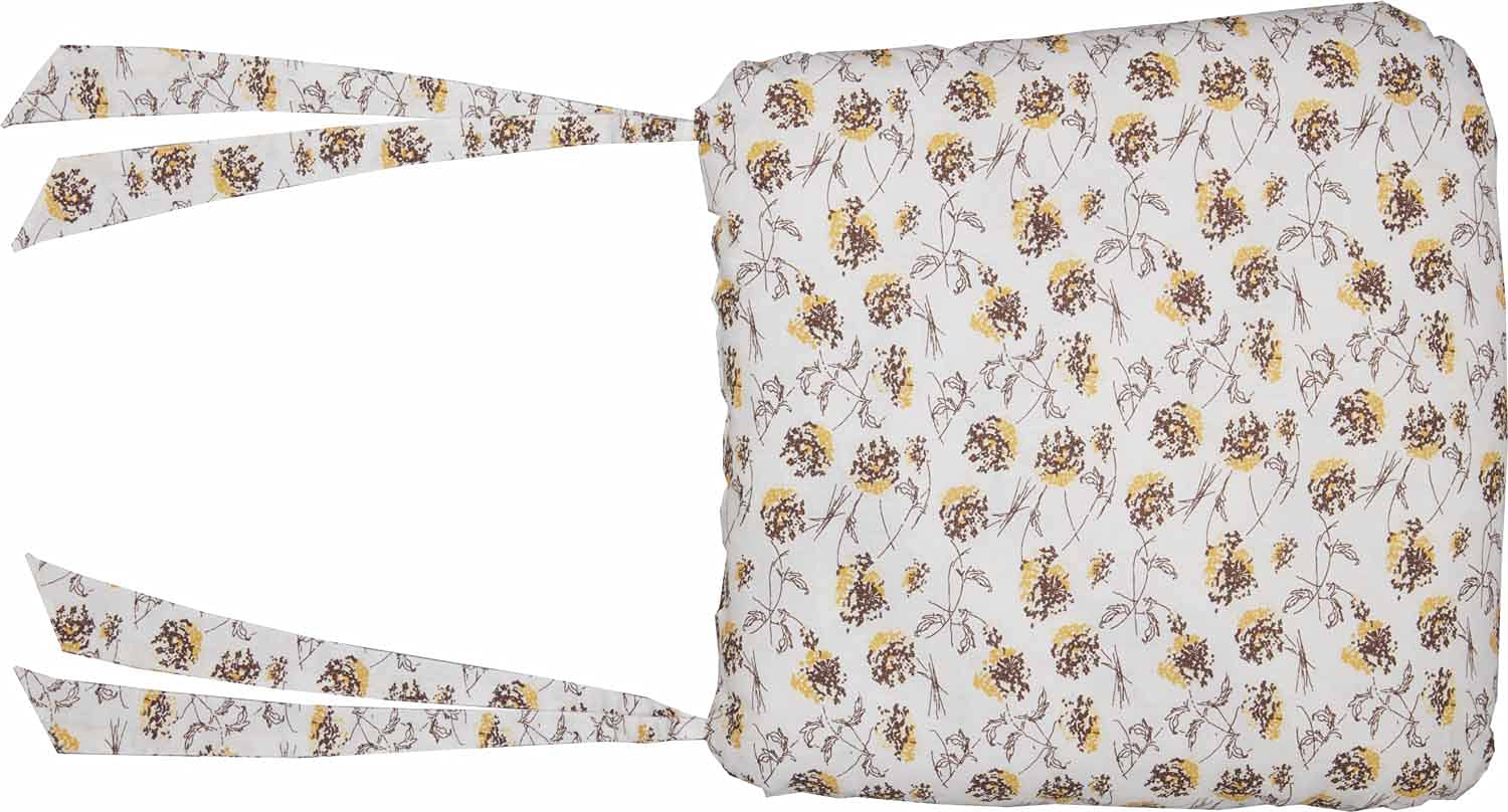 Piper Classics Morning Meadow Floral Chair Pad w/Ties, 16" L x 16" W Mustard and Yellow Printed Flowers on an Off White Quilt, Farmhouse, Country Cottage, Vintage Boho Seat Cushion