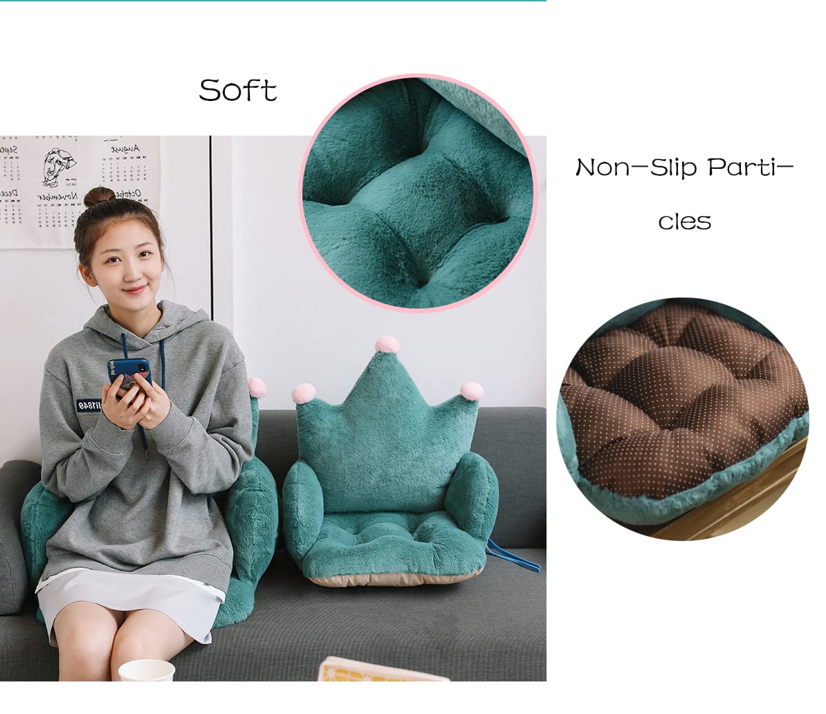 Fluffy Crown Armchair Cushion Semi-Enclosed Chair Backrest Cute Office Pads Warm Desk Seat for Women Girl Soft Floor Sofa Non-Slip Sitting Mat Plush Home Lumbar Waist Back Support Pad, Green