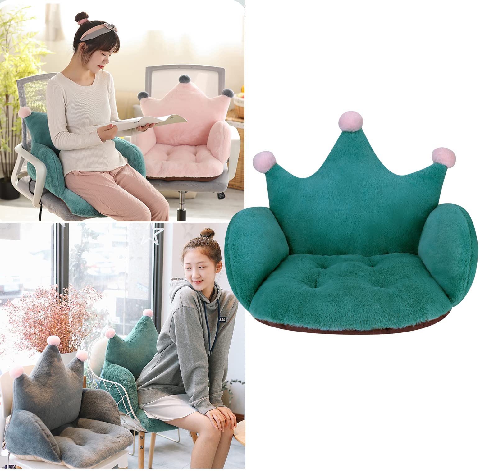 Fluffy Crown Armchair Cushion Semi-Enclosed Chair Backrest Cute Office Pads Warm Desk Seat for Women Girl Soft Floor Sofa Non-Slip Sitting Mat Plush Home Lumbar Waist Back Support Pad, Green