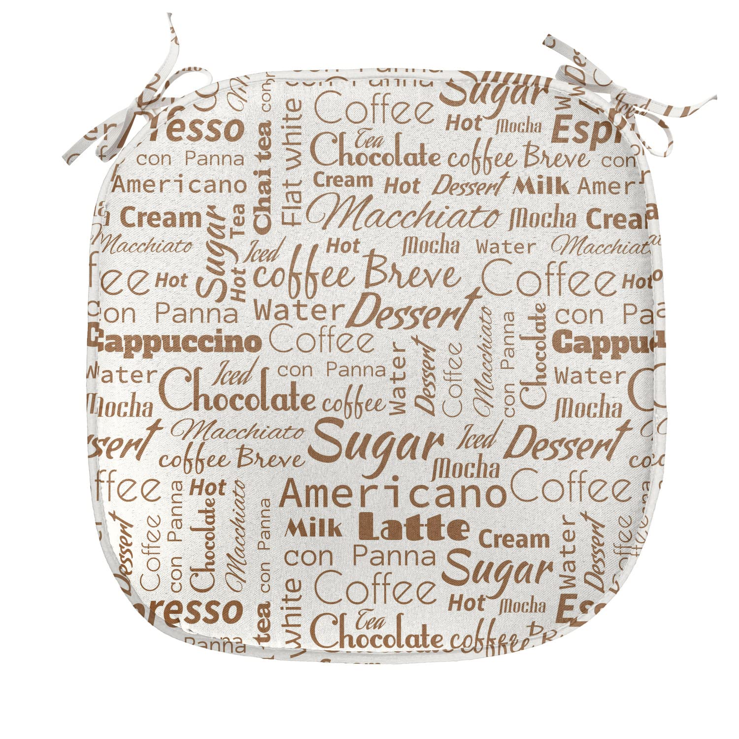 Ambesonne Modern Chair Seating Cushion Set of 4, Coffee Themed Words Macchiato Mocha Americano Breve Dessert Graphic, Anti-Slip Seat Padding for Kitchen & Patio, 16"x16", Umber and Cream