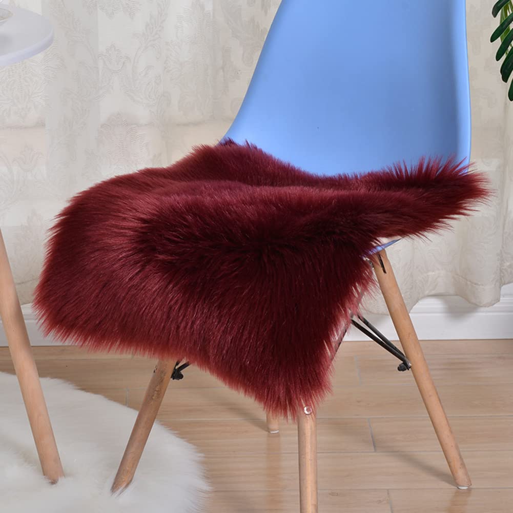 XSlive Square Faux Fur Sheepskin Chair Pad Seat Cushion Soft Fluffy Plush Small Area Rug Carpet Non Slip Suede Backing Chair Cushion for Home Office Decor (Burgundy,20"x20")