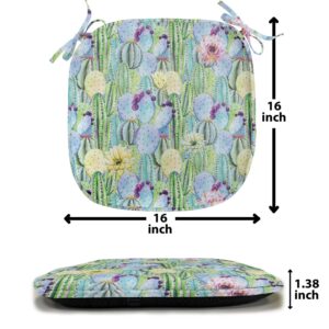 Ambesonne Cactus Chair Seating Cushion Set of 8, Types of Cactus Plant Pattern with Flowers and Buds Fruits Nature Art Image, Anti-Slip Seat Padding for Kitchen & Patio, 16"x16", Green and Blue