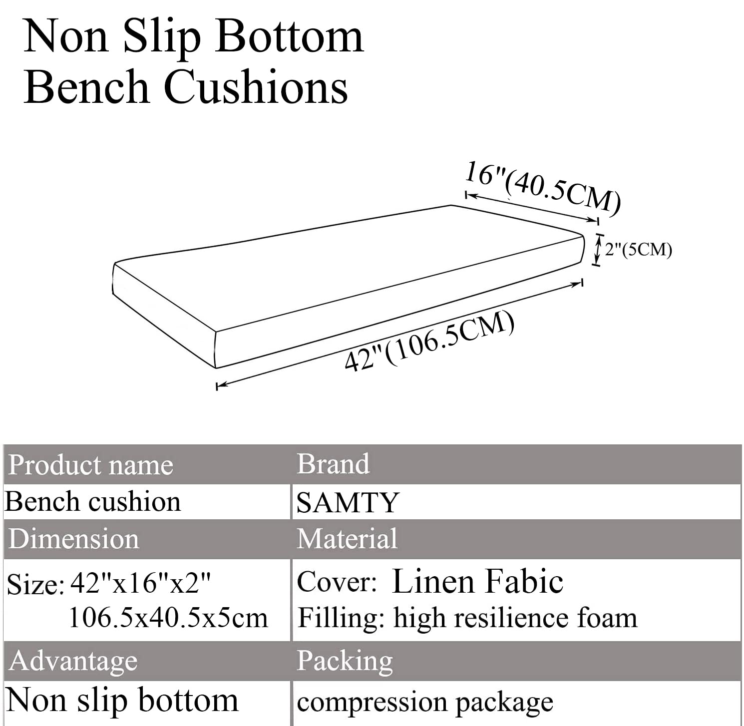 Bench Cushion for Indoor Shoe Storage Non Slip Window Seat Pad Kitchen Dining Settee Cushions 42x16 inch, Light Grey