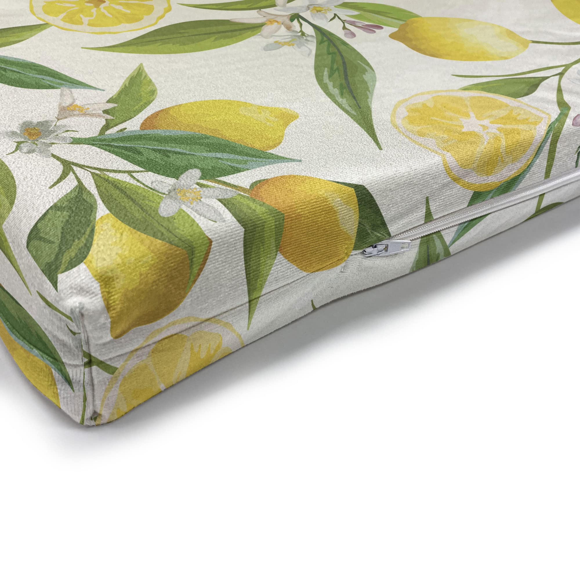 Ambesonne Nature Bench Cushion, Exotic Lemon Tree Branches Yummy Delicious Kitchen Gardening Design, Standard Size Foam Pad with Decorative Fabric Cover, 45" x 15" x 2", Fern Green Yellow White