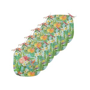 lunarable leaf chair seating cushion set of 6, vintage cartoon style image of hawaiian flowers crepe gingers, anti-slip seat padding for kitchen & patio, 16"x16", fern green pale blue