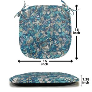 Lunarable Abstract Chair Seating Cushion Set of 4, Nautical Elements Compass Helm Ship Boat Waves Marine Sea Fishing Coast, Anti-Slip Seat Padding for Kitchen & Patio, 16"x16", Blue Turquoise Aqua