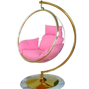 sk chumra bubble hanging chair clear acrylic accent swing chair with gold/chrome stand and durable fabric seat cushion (gold/pink cushion)