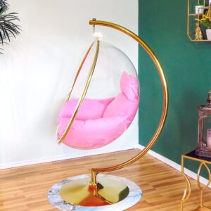 SK CHUMRA Bubble Hanging Chair Clear Acrylic Accent Swing Chair with Gold/Chrome Stand and Durable Fabric Seat Cushion (Gold/Pink Cushion)