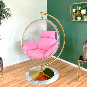 SK CHUMRA Bubble Hanging Chair Clear Acrylic Accent Swing Chair with Gold/Chrome Stand and Durable Fabric Seat Cushion (Gold/Pink Cushion)