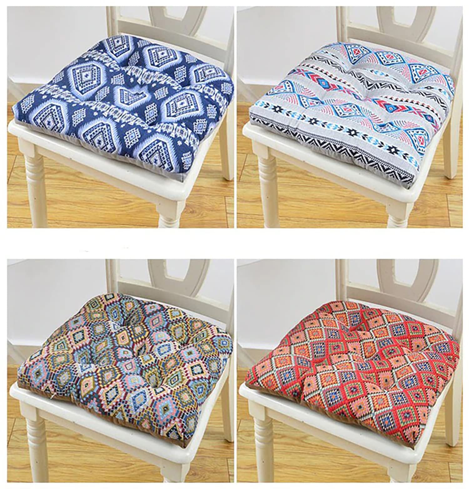 Chair Cushions for Dining Chairs 4 Pack - Thickening European Style Kitchen Chair Cushions Set of 4 with Ties, Grid U-Shaped Tufted Chair Cushions for Kitchen Sofa Office Room Decor (Blue, 4)