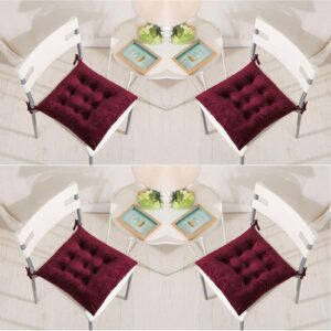 set of 4 chair pads 40 x 40 cm seat cushions with ties soft velvet comfortable square cushions, for dining chairs kitchen living room patio garden indoor outdoor,burgundy,burgundy