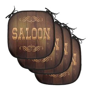 lunarable western chair cushion pads set of 4, wooden sign saloon and curly ornaments on a wood wall classic american bar print, anti-slip seat padding for kitchen & patio, 16"x16", brown caramel