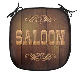 Lunarable Western Chair Cushion Pads Set of 4, Wooden Sign Saloon and Curly Ornaments on a Wood Wall Classic American Bar Print, Anti-Slip Seat Padding for Kitchen & Patio, 16"x16", Brown Caramel