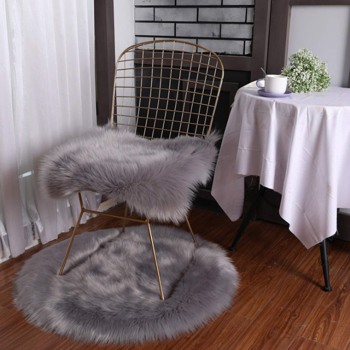 Faux Fur Chair Pad Soft Fluffy Seat Cushion Square Sheepskin Chair Cover Chair Seat Pad for Desk Office Chair (16"x16",Grey)